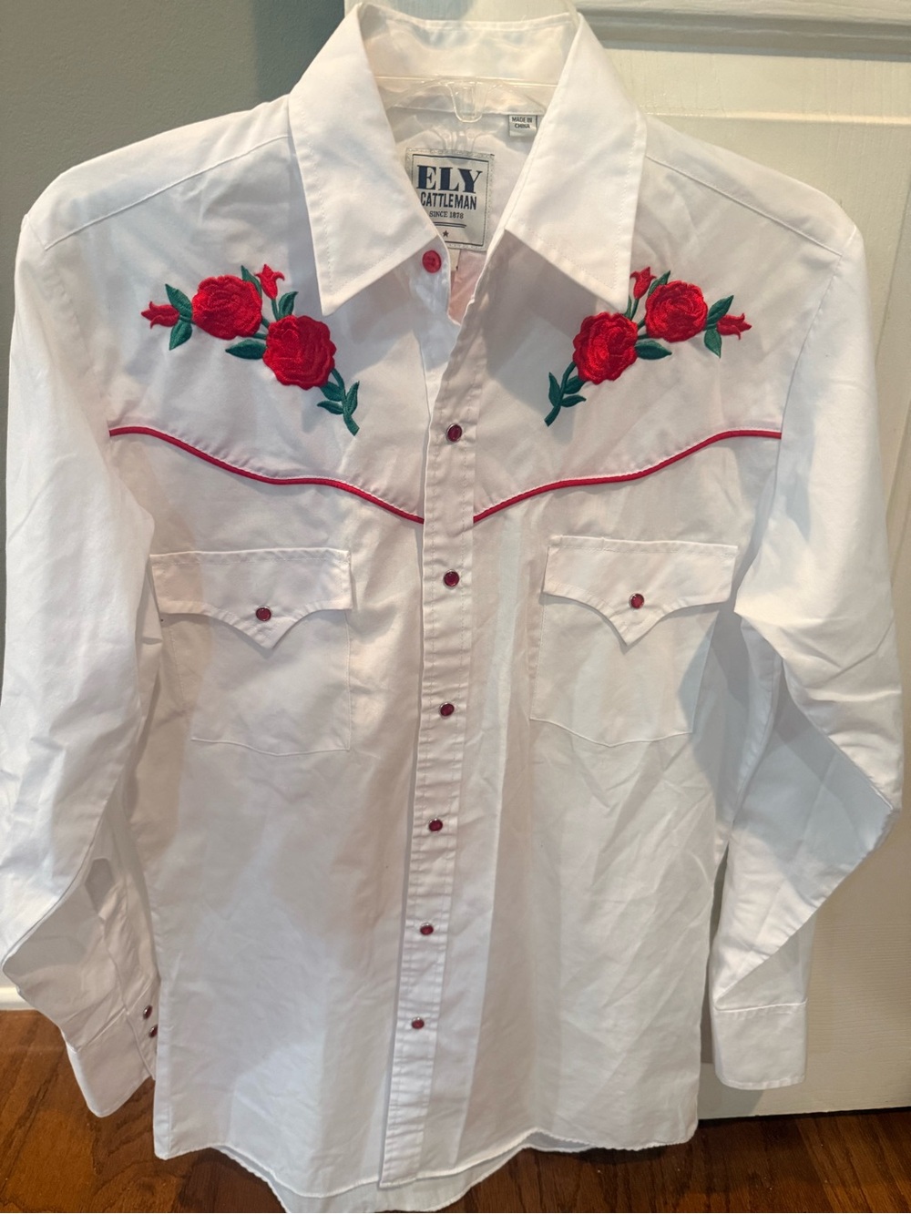 Ely Cattleman White Western Shirt with Red Rose Embroidery and Pink Piping